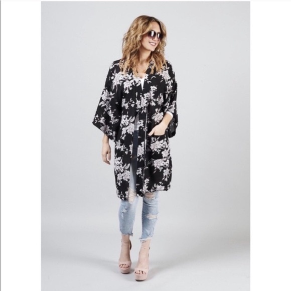 Spiritual Gangster Tops - Spiritual Gangster Maya Black Floral Tie Front Kimono Robe OS